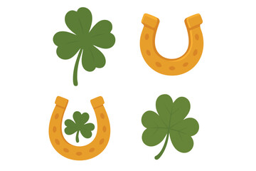 Set of shamrock leaves and golden horseshoes, Saint Patrick Irish lucky vector clipart.