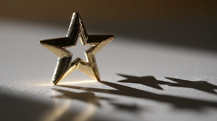 Golden star object with shadow on surface in natural light