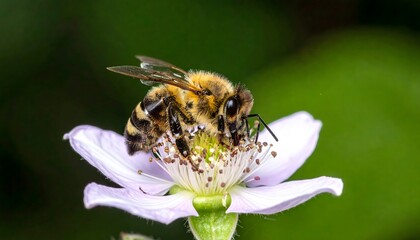 Close up of honey bee collecting nectar from a delicate pale purple flower