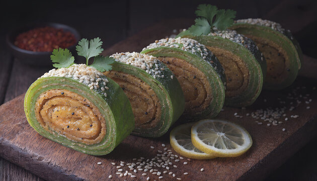 Authentic Gujarati Patra (Alu Vadi) Slices on Rustic Wooden Board - Indian Food Photography