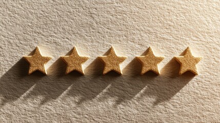 Five golden stars arranged in a row casting shadows on a textured surface