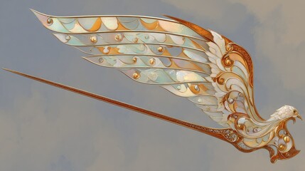 Artistic depiction of a bird wing with ornamental design against a neutral background