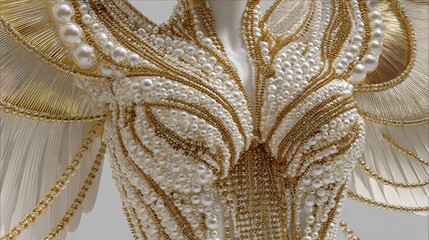 Elegant pearl and gold embellished dress fashion design close up