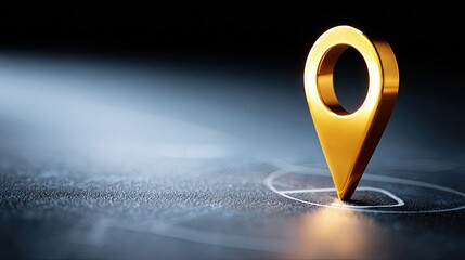 Golden map pin icon over abstract surface representing location