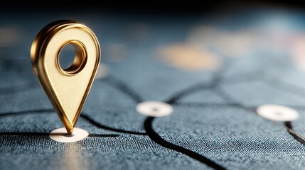 Golden location marker on a blurred map suggesting travel and navigation