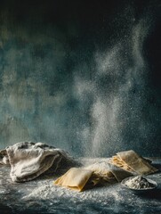 Fototapeta premium Fresh pasta dusted with flour Handmade pasta on dark surface, flour catching light, tactile textures, Italian kitchen mood, painterly realism.