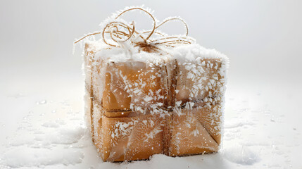 Golden gift box covered with snow during snowfall. Festive winter holiday background for Christmas and New Year with copy space.