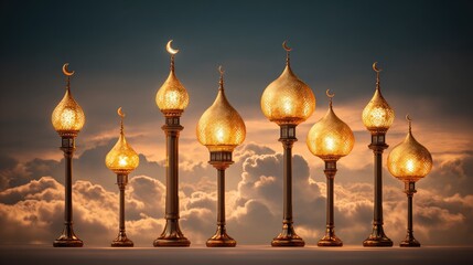 Golden decorative lamps against cloudy sky background