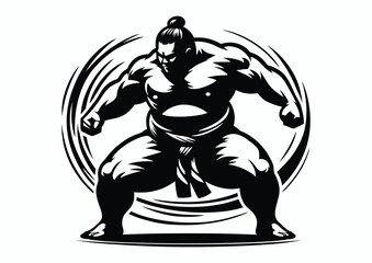 Sumo wrestler, black and white vector silhouette