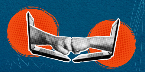 A creative halftone collage. Unity fist bump, friendship and solidarity. The hands of two men, joined in a sign of support and trust, emerge from laptop screens.