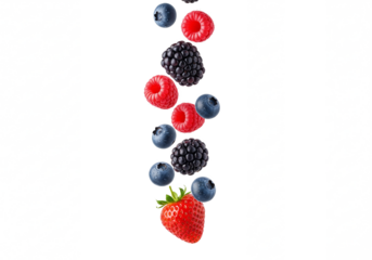 Mixed Berries Falling in Vibrant Colors with Soft Focus on White Background for Healthy Eating isolated on white background