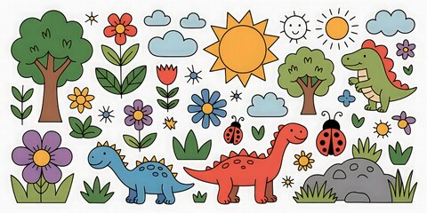 Cute Kids Nature and Dinosaur Seamless Pattern.