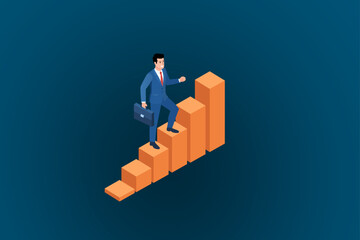 Isometric Businessman Climbing Bar Chart Staircase. Business Success, Growth Concept, Career Progression and Achievement Illustration on Dark Blue Background.