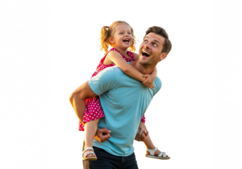 Happy father and daughter in playful piggyback ride with joyful expressions in bright natural lighting for family advertising isolated on white background