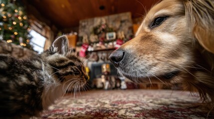 Dog and cat close up face to face indoor domestic pets friendship