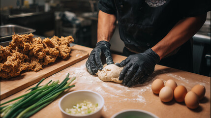 Preparing lion&rsquo;s mane mushroom crab cakes in kitchen.