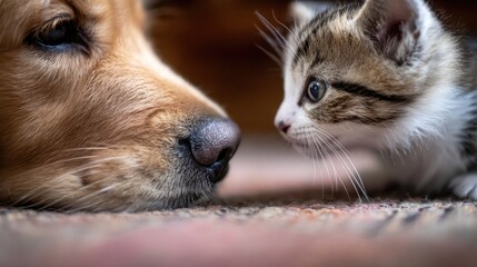 Dog and cat face to face close up domestic animal friendship concept