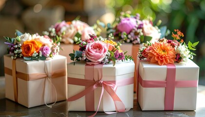 Elegant gift boxes adorned with vibrant floral arrangements for special occasions.