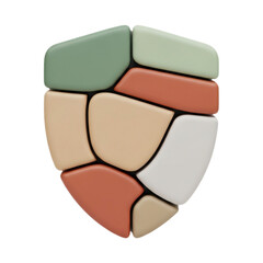 3D rendering of irregular colorful rounded paving stones, abstract mosaic shield shape of smooth pastel tiles, minimalist design element with earthy natural colors