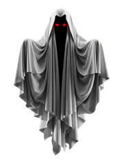 Mysterious figure shrouded in white cloth drapery, glowing red eyes, dramatic phantom ghost character, horror Halloween concept