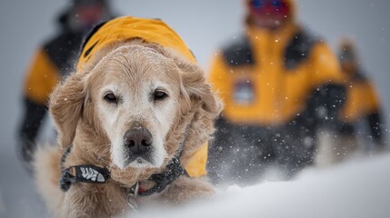 Golden retriever dog in a yellow coat with people in the background