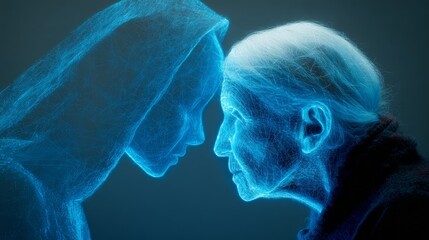 Intriguing digital rendering of two women face to face radiates futuristic elegance and profound human connection
