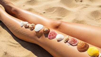 Female tanned legs with colorful seashells arranged on golden sand. Enjoying a sunny beach vacation, embodying summer relaxation and coastal beauty. Perfect for travel concepts.