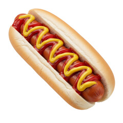 Hot dog with ketchup and mustard in bun on white background for food advertising isolated on white background