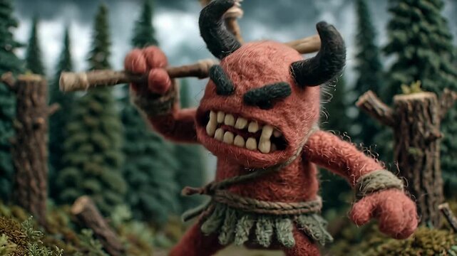 Fierce Red Monster with Horns and Club in a Forest Setting.