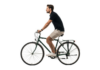 Man Riding Bicycle in Profile with Casual Outfit in Natural Lighting on Isolated White Background for Fitness Advertising isolated on white background