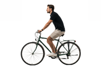 Man Riding Bicycle in Profile with Casual Outfit in Natural Lighting on Isolated White Background for Fitness Advertising isolated on white background