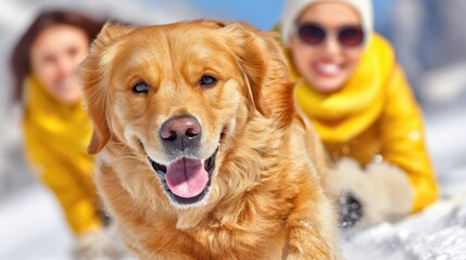 Golden retriever dog and people playing in snow outdoors winter day