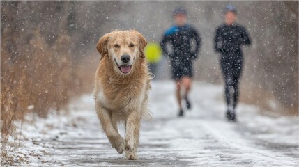 Golden retriever runs towards camera with runners in snowy background