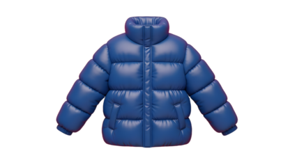 Blue puffer jacket isolated on white background, winter coat, warm outerwear for cold weather