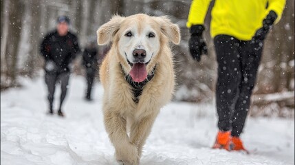 Golden retriever runs through snow with people in background winter activity