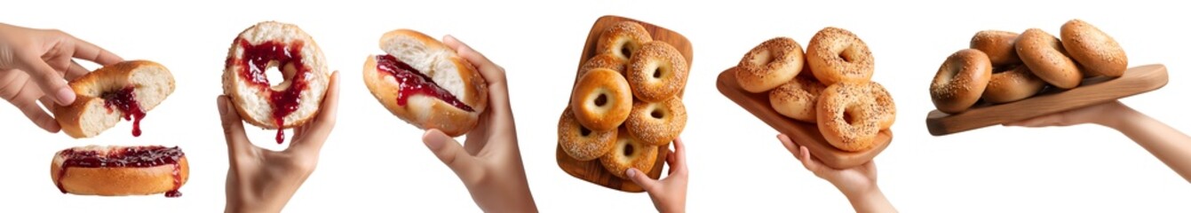 Set of hand holding bagel, soft chewy bread bun roll, mix of seeds seasonings, wooden serving board, with jam spread dip, slice pile group stack, transparent cutout PNG. Many different style Mockup