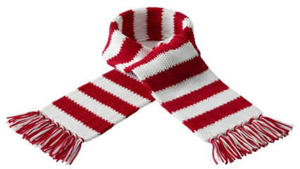 Red and white striped knitted scarf isolated on black background, warm winter accessory perfect for cold weather outfits