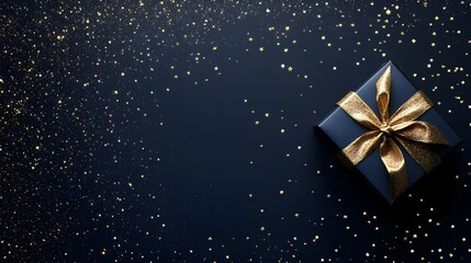 Dark blue gift box with gold ribbon surrounded by gold stars