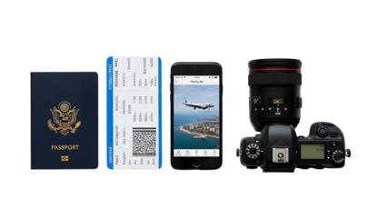 Travel essentials including US passport, flight ticket, smartphone with airplane image, and professional camera, perfect for travel and photography enthusiasts