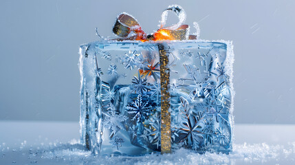 Frozen ice gift box with ribbon and engraved snowflake patterns, standing on snow. Winter holiday concept for Christmas and New Year with copy space.