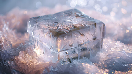 Frozen ice gift box with ribbon and engraved snowflake patterns, standing on snow. Winter holiday concept for Christmas and New Year with copy space.
