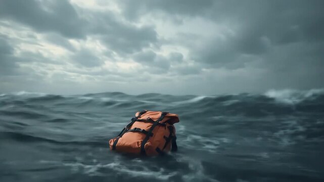 Orange life jacket drifting on stormy open ocean