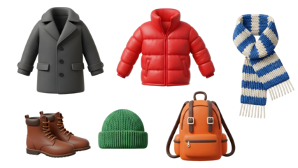 Winter clothing collection including gray coat, red puffer jacket, brown boots, green beanie, striped scarf, and orange backpack, ideal for cold weather outfits