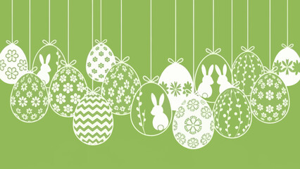 White outlined Easter eggs and bunnies hanging on a light green background, decorated with various patterns and floral designs for a festive spring celebration.