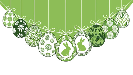 A row of nine green and white decorated Easter eggs with various patterns, including rabbits and flowers, hanging against a green background.