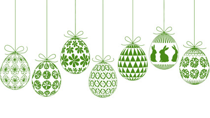 Seven green decorative Easter eggs with various patterns and bunny silhouettes hanging by ribbons against a white background, symbolizing spring festivities.