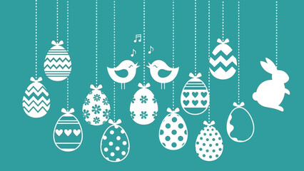 White silhouettes of hanging Easter eggs, singing birds, and a bunny on a teal background, celebrating spring holiday.