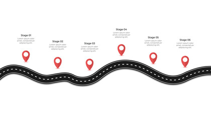 Winding Road Infographic Timeline with Six Red Location Pin Stages