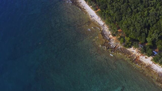 Drone view of the scenic coastline and sandy beaches of Porec, Croatia. Mediterranean seaside, tourism, summer vacation, travel  lifestyle concept.