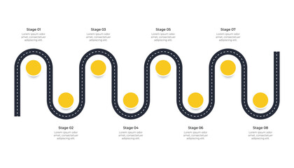 Winding Road Infographic Template with Eight Yellow Circular Stages